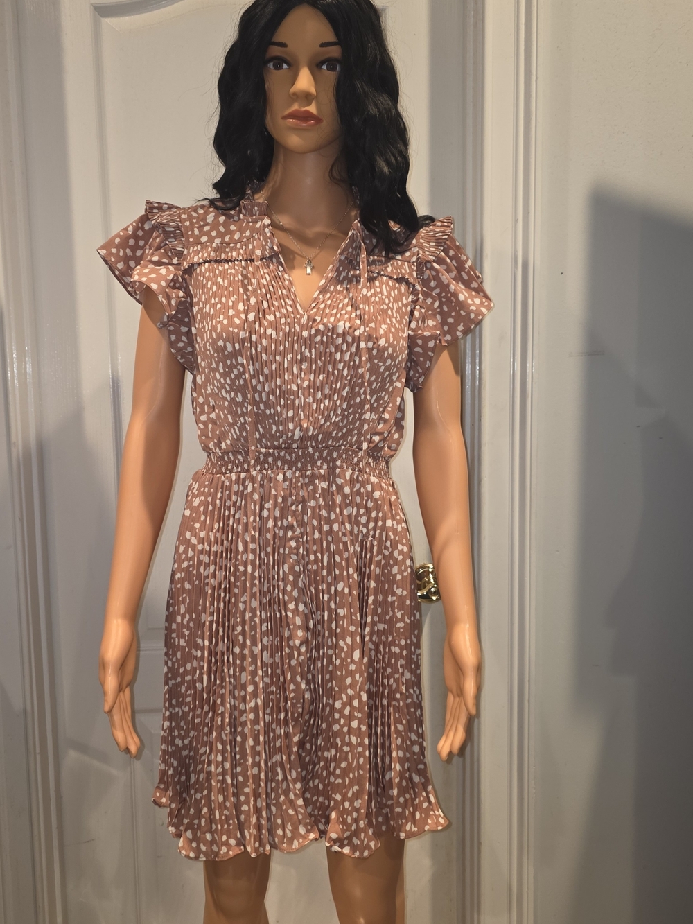 Umgee Blush Pink Dot Pleated Ruffle Dress